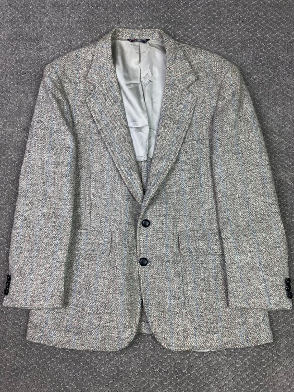 Harris Tweed Herringbone Blazer Sports Coat Mens 40S Gray Pink Blue Wool vintage